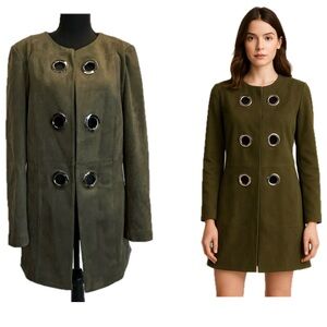Melanie Lyne forest green faux suede grommet blazer dress coat Sz 10 NWOT
